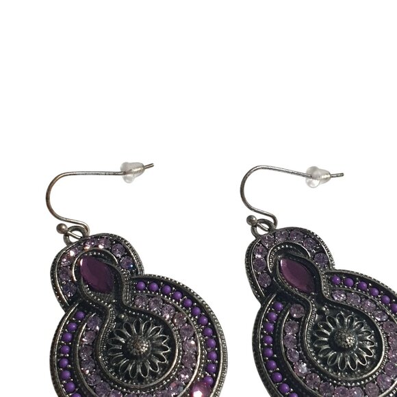 Vintage Purple Beaded Dangle Earrings Intricate Metalwork Drop Design Crystal Ac - Picture 4 of 5